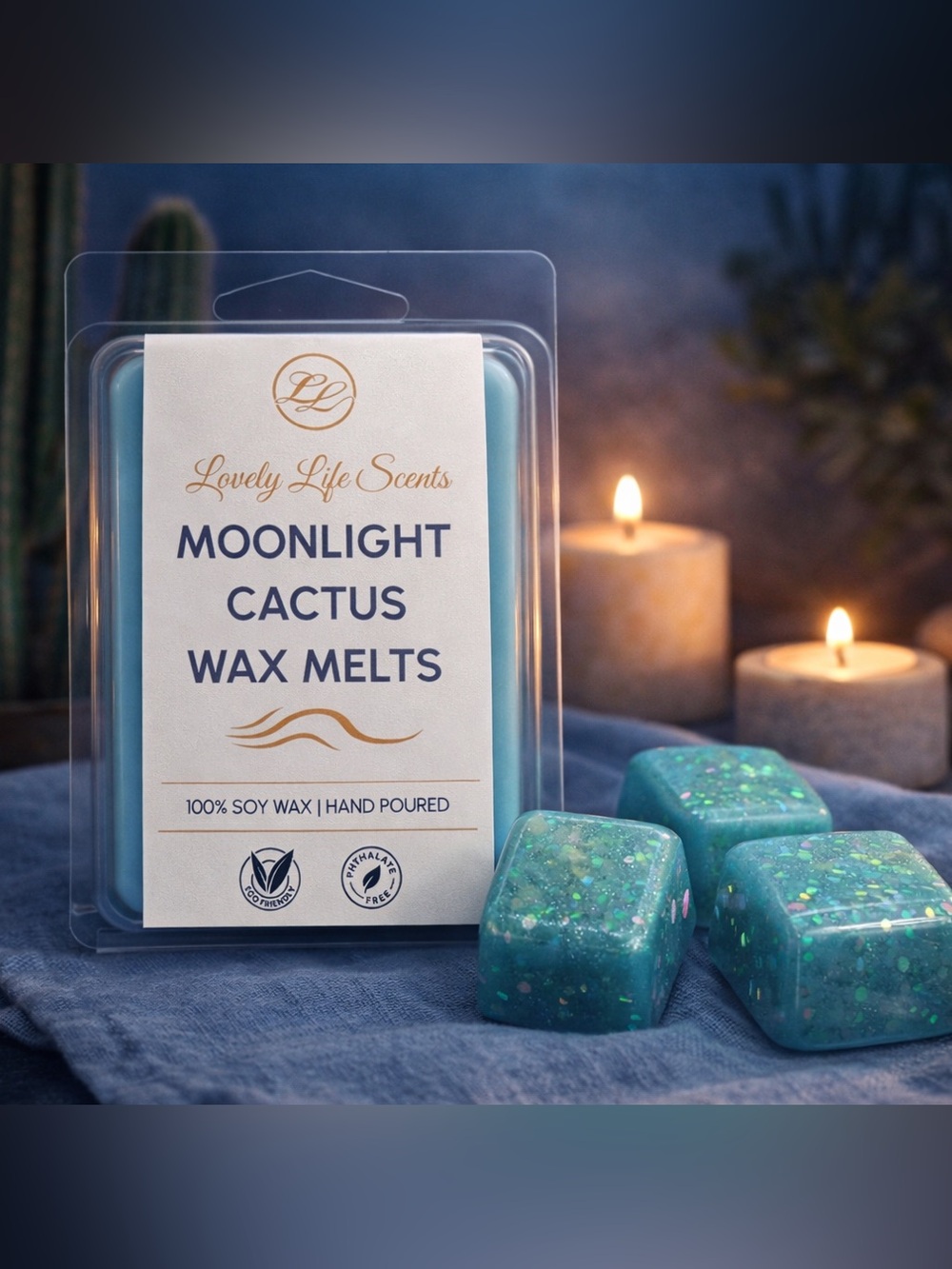 Hand Crafted Moonlight Cactus Wax Melts - Teal with Green Sparkle